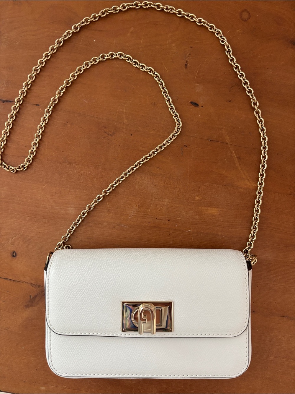 Classic White Crossbody Bag with Gold Chain Strap FURLA.Made in Italy 7”x4”1 1/2